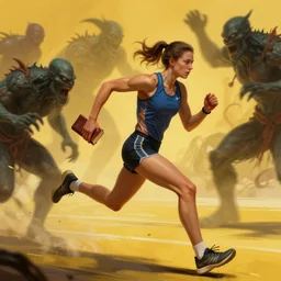 action digital art of a an athletic runner holding a bible. Chased by mysterious monsters. concept art, highly detailed, promotional art, HD, digital painting, trending on ArtStation, golden ratio, rule of thirds,