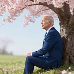 featured on artstation photorealistic joe biden sitting under a cherry tree overlooking valley waterfall sunset beautiful image stylized digital art