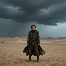 a cinematic wide angle shot of a man in his early twenties, in the movie dune, stormy weather, dry, film still, cinematic, dramatic lighting, by zack snyder