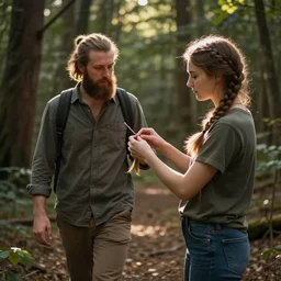 i was walking with a bearded man and a girl in the woods. near the woods, he stopped, looked at me, turned the girl around, and began to teach me how to tie my braids, saying, that's how you do it, that's how you do it