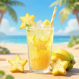 tropical drink with starfruit, anime digital painting 3d render