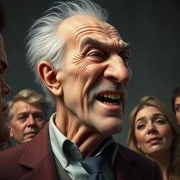 closeup face profile portrait of mad male boomer telling a dad joke to bored millennials, he is laughing maniacally. by nicoletta ceccoli, mark ryden, lostfish, hyung tae, frank frazetta, hyper realistic, artstation, illustration, digital paint, matte paint, detailed.