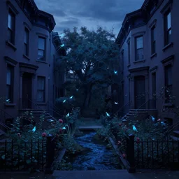 between two 1 9 th - century brooklyn brownstone buildings, a surreal small twilight creek - garden, rose - brambles, lambent - birds, mystery - magic, serene overcast atmosphere, midnight - blue, blue - black, royal - blue, navy - blue, cel - shading, cinematic, edge - to - edge print, rendered by studio ghibli, alyssa monks, andreas rocha, david kassan, neil blevins, tuomas korpi, artgerm