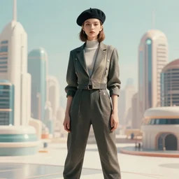 sza with a beret in a retrofuturistic city, retro futuristic fashion, photography award winning,