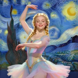 portrait of a beautiful girl, braided blonde hair, eyes closed, smiling, dancing, vibrant pastel colors, beautiful face, rule of thirds, intricate outfit, spotlight, by greg rutkowski, by jeremy mann, by francoise nielly, by van gogh, digital painting
