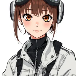 a reslistic manga portrait illustration by yoshiyuki sadamoto and alphons mucha sui ishida of an anime girl highly detailed anime eyes wearing streetwear pilot suit lots of zippers, pockets, synthetic materials, jumpsuits by issey miyake and balenciaga 8 k