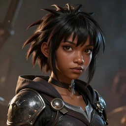 An epic fantasy comic book style portrait painting of a short dark skinned girl thief with spidery hair and kind eyes, unreal 5, DAZ, hyperrealistic, octane render, cosplay, RPG portrait, dynamic lighting