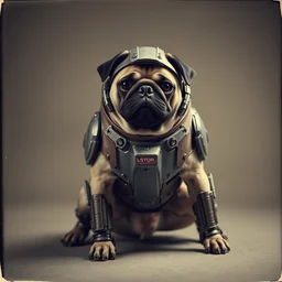 ! epic pose!!! armored cyborg warmachine battle pug superdog, in legnica centrel, full body, cinematic focus, polaroid photo, vintage, neutral dull colors, soft lights, by oleg oprisco, by thomas peschak, by discovery channel, by victor enrich, by gregory crewdson