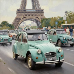 twenty citroen 2 cv racing through paris in the 1 9 5 0 s. oil painting by pisaro