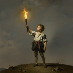 concept art, the kid with torch standing alone at hill looking forward and hope, fine detail, trending on artstation, by adriaen van ostade
