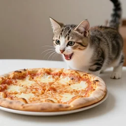 a kitten gasping at the size of the sicilian pizza slice placed on the table in front of it, photorealistic, low light