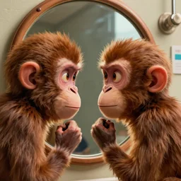lofi monkey in front of a mirror reflecting anger facial expression of a human face, symmetrical hands, doctors mirror, Pixar style by Tristan Eaton Stanley Artgerm and Tom Bagshaw, high detail