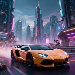 epic professional digital screenshot from the movie'the fifth element'of photorealistic synthwave lamborghini driving through neon cyberpunk futuristic city towers, mountains in background, intricate, detailed, much wow, much detail