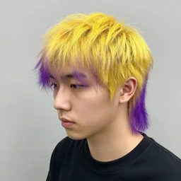 a man with yellow hair and purple hair tips