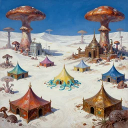 colored merchant tents at a sprawling temple city of rusty chrome, white salt desert dunes, matte oil painting, mushroom farms, fungal polyps, retrofuturistic, science fantasy, mutant, lgbt, queer, rpg, epic, badlands, slime, dungeons & dragons, sacred, sharp focus, award - winning, extremely detailed, 4 k, 8 k
