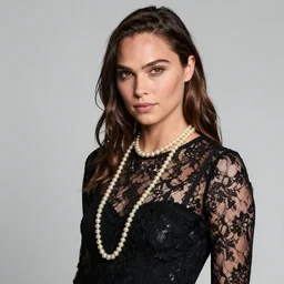 portrait of Gal Gadot dressed in black lace, and pearl necklace , by Manet, photo real, super detailed, 4k, hd