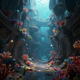 an aquatic - inspired, coral reef, oceanpunk alleyway from an alternate future. dimmed bright scene. fine detail. this 4 k hd image is trending on artstation, featured on behance, well - rendered, extra crisp, features intricate detail, epic composition and the style of unreal engine.