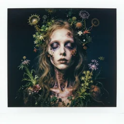 a beautiful detailed front view portrait of a rotten woman corpse with plants and fractal flowers growing around, volumetric light, beautiful lit, polaroid photography