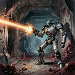 An absurdly-detailed digital drawing of a robot-fighter firing energy-bolts at a monster, action perspective concept, by Kev Walker, Carl Critchlow, by Ron Spencer, by Lovecraft Giger, cyborg by Vincent Di Fate | Android-Metroid-Megaman, a robot named fight. A robot warrior stands in a meat-corrupted sci-fi corridor with branching doorway paths. | A lonely robot in a meaty gnashing body-horror hallway