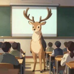 concept art of a furry deer character at a college lecture by Makoto Shinkai