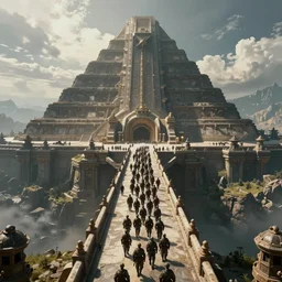 wide establishing shot fantasy scifi scene by martin deschambault of many soliders marching in formation on a bridge leading to a gigantic pyramid temple, aerial symmetrical view