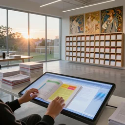 by james turrell : pov candid photo of my hands reading colorful pdfs at my floating futuristic ios hologram desk, stacks and rows of perfectly organized knolled calendar cubbies during sunrise in a dappled open - air design studio by greg rutkowski and alphonse mucha, daylight vr os ux, leica 8 k still a 2 4