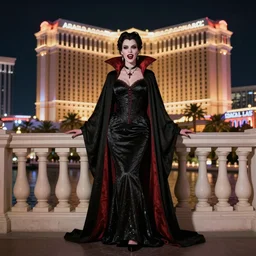 realistic matte painting, full length portrait, the vampire duchess of blood owns the las vegas strip, night, fangs, highly detailed, CGsociety, concept art, HDR, hyper realistic, volumetric lighting, subsurface scattering, unreal,