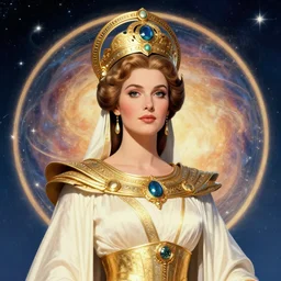a retro portrait of the powerful empress of the solar system in the style of anna dittmann and in the style of kim jung gi. glowing, ornate and intricate linework, stunning, dynamic lighting, ultrafine and hyperdetailed.