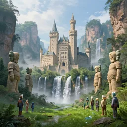 beautiful matte art of a big castle in a serene landscape floating waterfalls in the sky, giant sandstone statues, by albert bierstadt, green grass, zhangjiajie, dreamy vibe, mist, highly detailed, crystal lighting, mystical, forest, hyperrealistic, 4 k, unreal engine, magical, by joe fenton, by greg rutkowski, by greg tocchini, by kaws, by kate beaton, by kaethe butcher