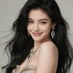 Ultra detailed portrait ethereal lustful lady barely dressed with long flowing black hair and smirk, elegant jewelery, 8k, soft focus, Instagram, front page Artstation