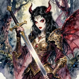 highly detailed watercolor, evil fairy, sword, fantasy ornate armor, long black hair, red eyes, evil forest, nostalgia for a fairytale, magic realism, vivid colors, by charles vess, anato finnstark, cinematic lighting, beautiful face by leyendecker