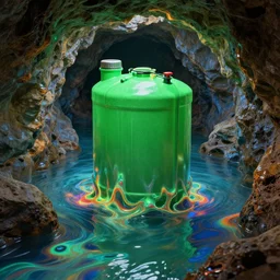 under ground riverwith a green tank, octane render, xray melting colors