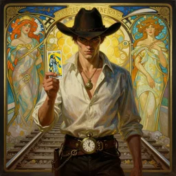 a dramatic ethereal epic symmetrical painting of a handsome villainous cowboy standing in front of railroad tracks | his shirt is unbuttoned and he has a pocketwatch | tarot card, art deco, art nouveau, steampunk, homoerotic, realistic | by louis comfort tiffany and alphonse mucha | trending on artstation