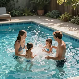 swimming pool filled with urine, family enjoying splashing in the urine filled swimming pool
