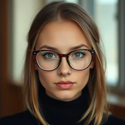 a portrait photograph of a nerdy young woman with big glasses and a black turtleneck, tanned skin tone, dof, sharp focus, highly detailed face, symmetric face, realistic iris, cinestill 8 0 0 t, photography by paolo roversi