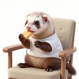 ferret wearing clothes, with two left arms, one being also the chair's, eating a book while reading, in the style of gustave dore.