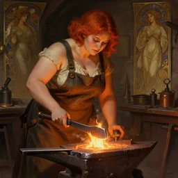 6 0 yo female blacksmith working on her forge, plump, deep focus, short red hair, sleeveless shirt and overalls, d & d, fantasy, intricate, elegant, highly detailed, digital painting, artstation, concept art, matte, sharp focus, illustration, hearthstone, art by artgerm and greg rutkowski and alphonse mucha