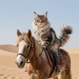 A fluffy Maine coon riding a poney through the desert. Highly realistic. Highly detailed. High resolution. Dramatic. 8k