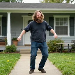 bearded long - haired bo burnham outside of his house, smiling and dancing