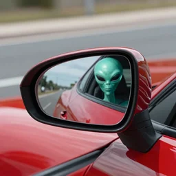 close up shot of a red sports car driver's side mirror, in the reflection of the mirror is an alien