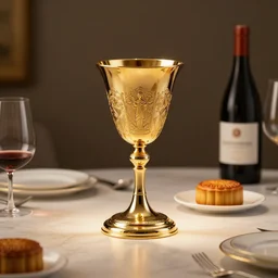 photo realistic dining table with holy grail, a mooncake and a wine bottle. studio lighting, award winning photography, professional photography, volumetric lighting