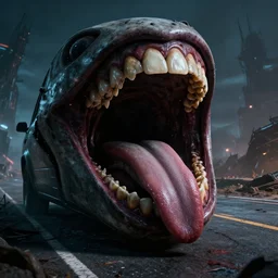 epic portrait cinematic shot an car with a huge mouth that has sharpt tooth and a long tongue, empty apocalyptic roads, apocalyptic backround, anomaly, scary, dark, creepy, fine details. night setting. realistic shaded lighting poster by craig mullism, artgerm, jeremy lipkin and michael garmash, unreal engine, radiant light, detailed and intricate environment, digital art, trending on art station,
