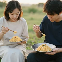 a woman and a man living out their lives as minimalists are eating omurice on embossed silver plates, color restoration, clear focus, golden hour, outside in a natural setting