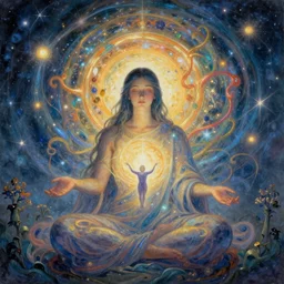 Seeing Myself and everything & everyone is GOD or infinite intelligent imagination in the style of visionary art