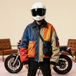 model in motorcycle helmet wearing baggy colorful 9 0 s jacket by rick owens. magazine ad. 7 0 s furniture. pastel background.