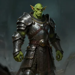 handsome green orc wearing medieval suit of armor, illustration, concept art, art by wlop, dark, moody, dramatic