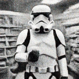 film still of a storm trooper holding a cup of coffee in a convenience store in the new Star Wars movie, 4k, black and white