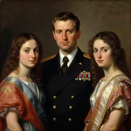 official government portrait of a young, handsome prime minister and his two girlfriends, oil painting, 2 1 st century, official portrait, powerful, serious
