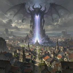 matte painting of a small town with a huge tall demonic magical ethereal portal!!! in the style of noah bradley and raphael lacoste and ruan jia and marc simonetti