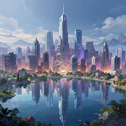 cyberpunk city surrounded by a glistening lake, art by seerlight, science fiction, digital illustration, artstation, unreal engine